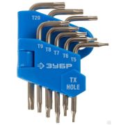 Набор ключей имбусовых ЗУБРЭКСПЕРТМИНИ для точных работ, Cr-V, TORX Т5-Т20, с отверстием, для защищенного крепежа,8 шт
