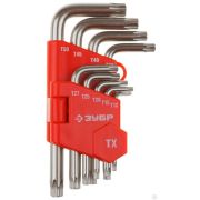 Набор ЗУБР Ключи Мастер имбусовые короткие, Cr-V, сатинированное покрытие, пластик держатель, TORX Т10-Т50, 9 пред