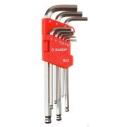 Набор ЗУБР Ключи Мастер имбусовые длинные с шариком, Cr-V, сатинир покрытие, пластик держатель, HEX 1,5-10 мм, 9 пред