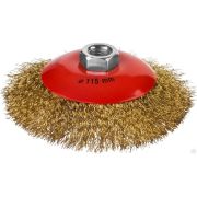 Щетка коническая для шлифмашинки угловой, витая стальная латунированная проволока 0,3 мм, d=115 мм, MIRAX 35143-115