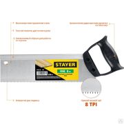 Ножовка для стусла c обушком пила Fine 300 мм, 8 TPI, прямой закаленный зуб, точный рез, STAYER